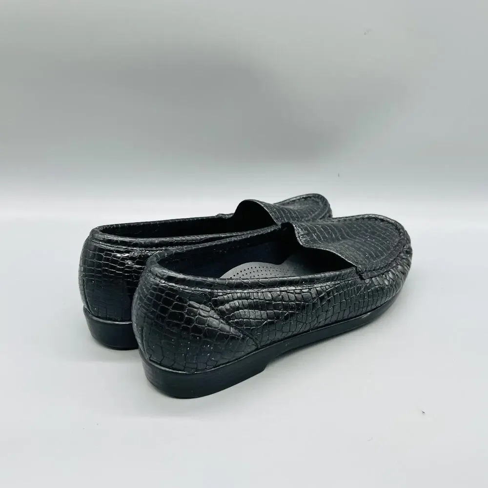SAS Shoes Womens 7.5 Black Leather Croc Print Tripad Comfort Loafers Slip On